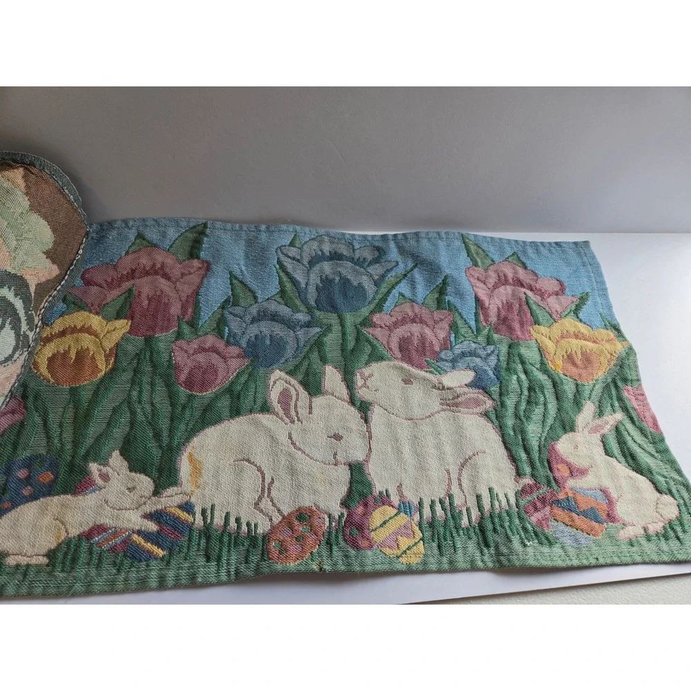 Vintage Woven Tapestry Easter Bunny Tulip Placemat Spring Decor Set of Two